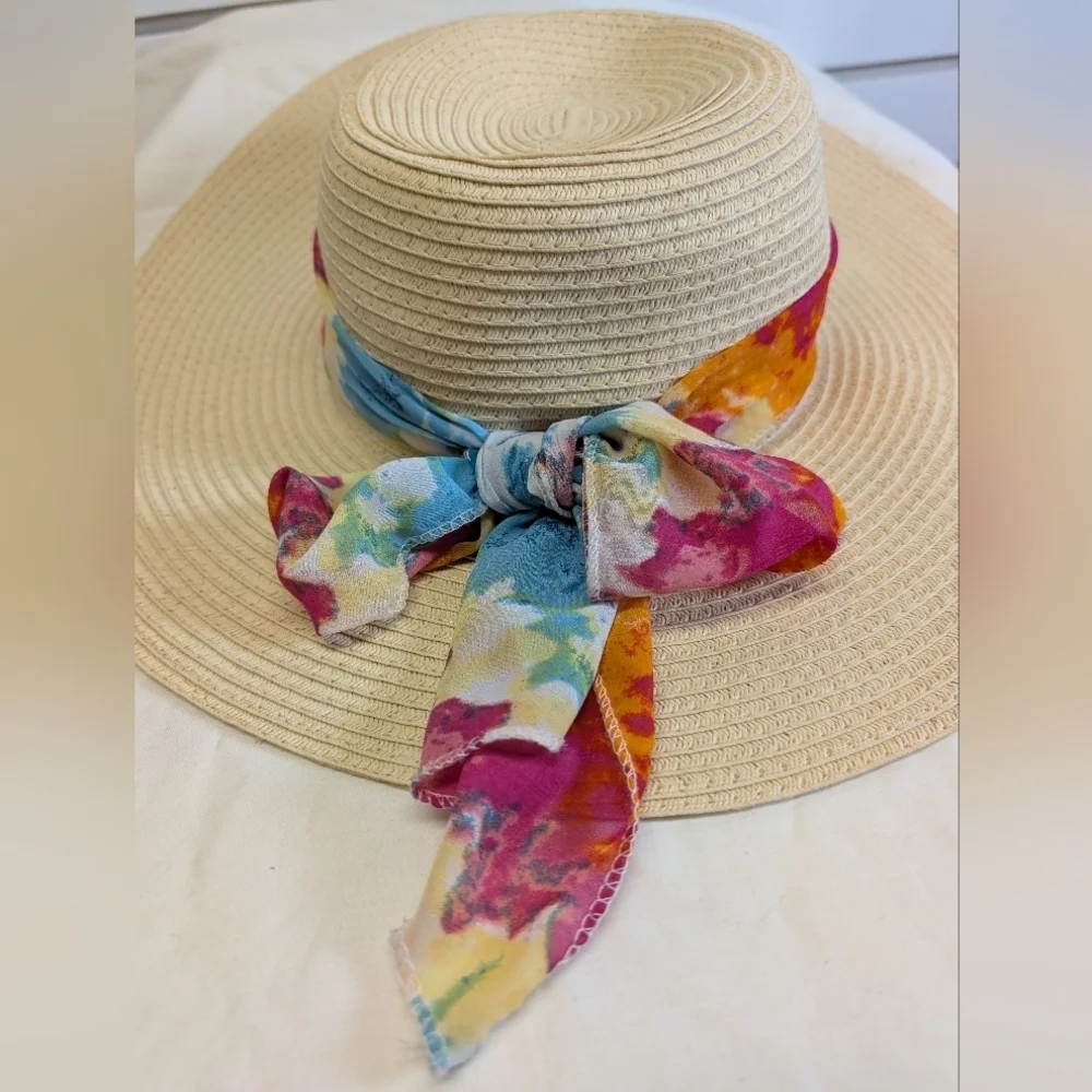 🆕️ ELLEN TRACY Oversized Sun Hat With Scarf Trim NWT
